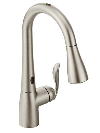 Touchless faucet: Moen Arbor Motionsense Two-Sensor Touchless One-Handle High Arc Pulldown Kitchen Faucet Featuring Reflex, Spot Resist Stainless (7594ESRS)