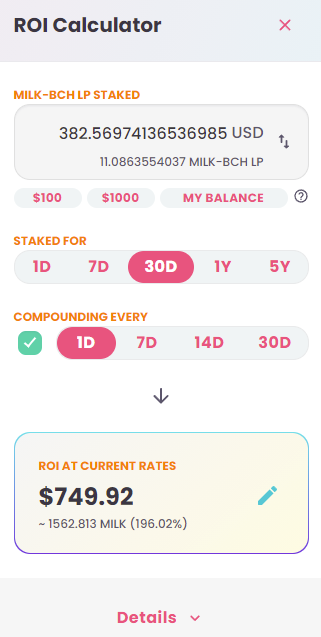A calculator inside MuesliSwap that explains the expected income under the current APR. I explain more below.