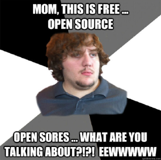 Meme for mom confusing open-source with open sores.