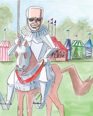 Joe Biden is riding a horse. Both he and the horse are wearing armor. The setting is a medieval joust.