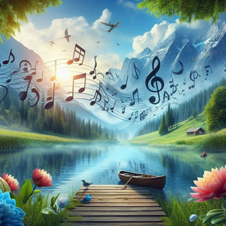 AI image of musical notes set on background of scenery to illustrate post