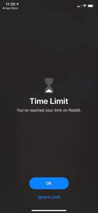 Apple Screen Time notification on iPhone. You’ve reached your time limit on Reddit.