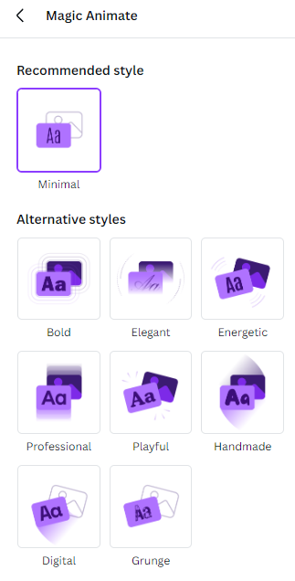 Canva Magic Animate animation styles.