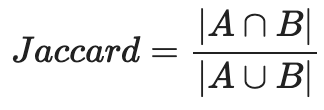 The formula for the Jaccard similarity index. The size of the intersection of set A and set B is divided by the size of the union of set A and set B.
