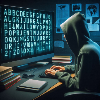 AI generated image of a hacker sitting in front of their PC, with the English alphabet on the screen
