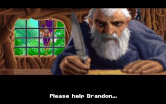 Gif animation of an old man writing “Dear Brynn…Please help Brandon…” in the style of an old pc adventure game. A jester is peeping at him through the window.