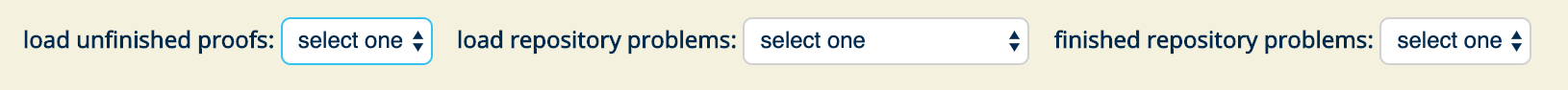 The option bar for authenticated students @ CSUMB. This allows them to load their saved proofs, load a problem that the professor assigned (from the “repository”), and see their submitted solutions. This option bar is displayed underneath the navigation bar.