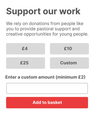 A screenshot of a webpage asking users to support the work of the charity. It shows 4 buttons for users to pick a donation amount or give a custom donation.