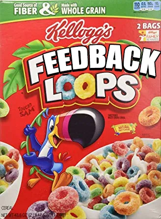 A cereal box of Froot Loops edited to say “feedback loops”