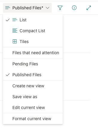 Dropdown of view settings in Document Library, showing both the Pending Files and Published Files. Published files being selected.