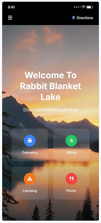 A screenshot of the rabbit blanket lake app from UX Pilot showing the lake and canoe, hike, camping and picnic icons.