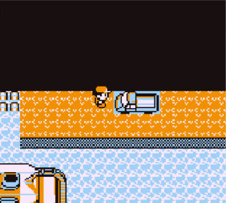 A still from the Pokémon Red and Blue games. The player character is standing next to a truck on a small area of land surrounded by water. The ground around them is orange, and the corner of a large boat can be seen in the bottom left. The screen above the player is black.