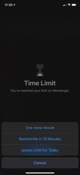 Apple Screen Time notification. It has three options: One More Minute, Remind me in 15 minutes, and Ignore Limit for Today.