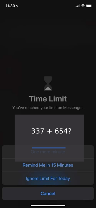 Apple Screen Time notification for Time Limit. On top of the ignore option, a pop up shows a math problem to solve.
