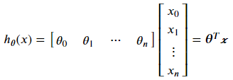 h_θ of x equals transpose of θ vector dot x vector.