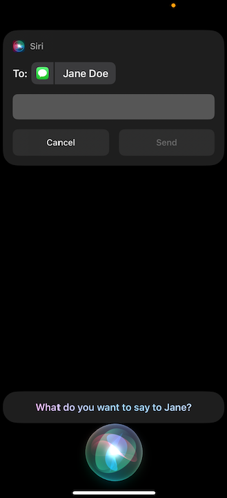 Screenshot of an iPhone where Siri, displayed on the screen, is prompting the user to specify the content of a message to a contact.