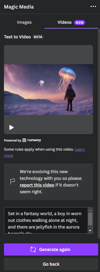 Generating a short fantasy setting video via Canva Magic Media Text To Video.