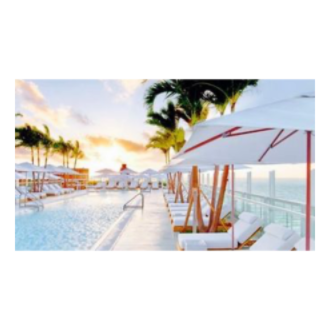 SwiftUI Preview of image resized to 4:3 aspect ratio. Image is of an outdoor pool at a luxury resort with white umbrellas, white beach lounge chairs and palm trees.