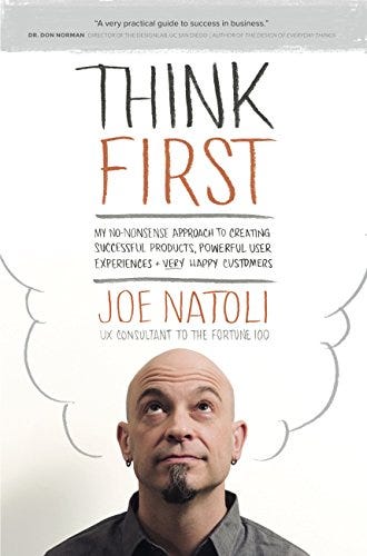 Book cover showing the image of the author, Joe Natoli looking upwards at the title of the book “Think First”