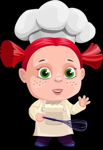 Cartoon graphics of red-haired girl wearing chef’s hat and holding a beater.