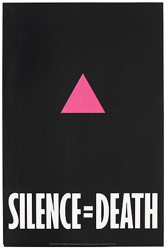 ACT UP poster: black background, pink triangle, white letters that say “Silence=Death”
