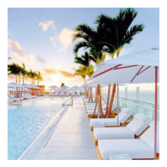 SwiftUI Preview of image resized to a square. Image is of an outdoor pool at a luxury resort with white umbrellas, white beach lounge chairs and palm trees.