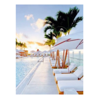 SwiftUI Preview of image resized to 3:4 aspect ratio. Image is of an outdoor pool at a luxury resort with white umbrellas, white beach lounge chairs and palm trees.