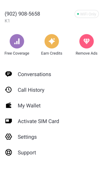 View of the TextNow app menu for a free user