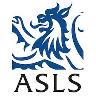 Logo for the Association of Scottish Literary Studies, a blue heraldic lion facing left with the letters ASLS in black underneath, all on a white background
