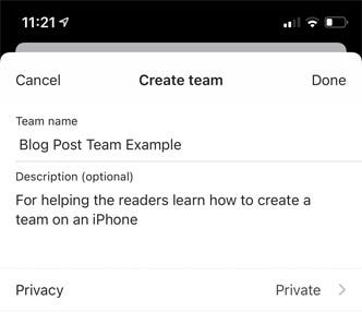 How do you create a team on Microsoft Teams on iPhone?