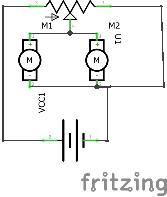 Circuit design using Fritzing software that entails two motors connected to a battery and a potentiometer.