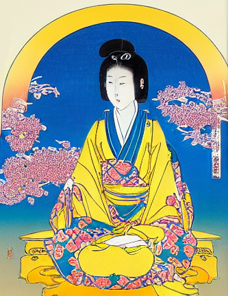 An image stylized like classical Japanese art showing a woman in a yellow kimono in a meditative pose in front of branches full of cherry blossoms against a fading blue sky.
