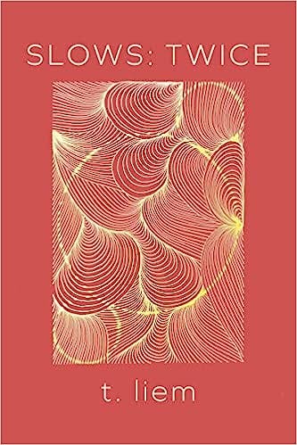 A cover of the book Slows: Twice by T. Liem. The cover features the title in capital letters at the top, pale yellow on a light red background. There is a yellow pattern in the center of the page, followed by the poet’s name in small letters.