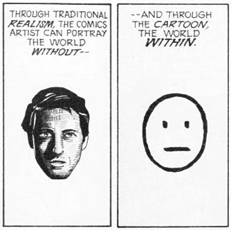 Side-by-side comic panels. The panel on the left shows a realistic face with the caption “Through traditional realism, the comics artist can portray the world without”. The panel on the right shows a simple cartoon face with the caption “And through the cartoon, the world within.”