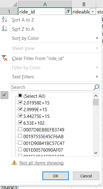 Image showing ride ids greater than 16 using filter function in Excel