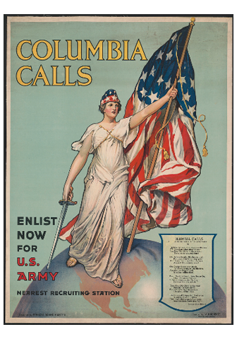 Columbia Calls poster, woman draped in white, holding sword and raising American Flag