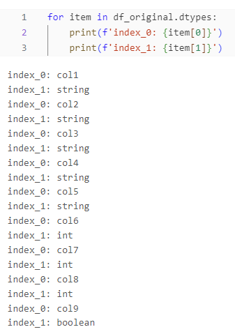 printed results of each index item of dtypes for df_original dataframe