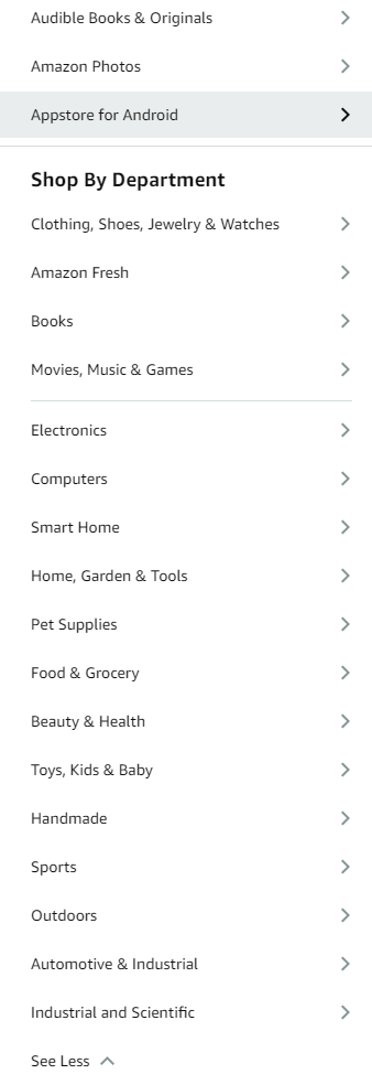 Screenshot of Amazon Departments