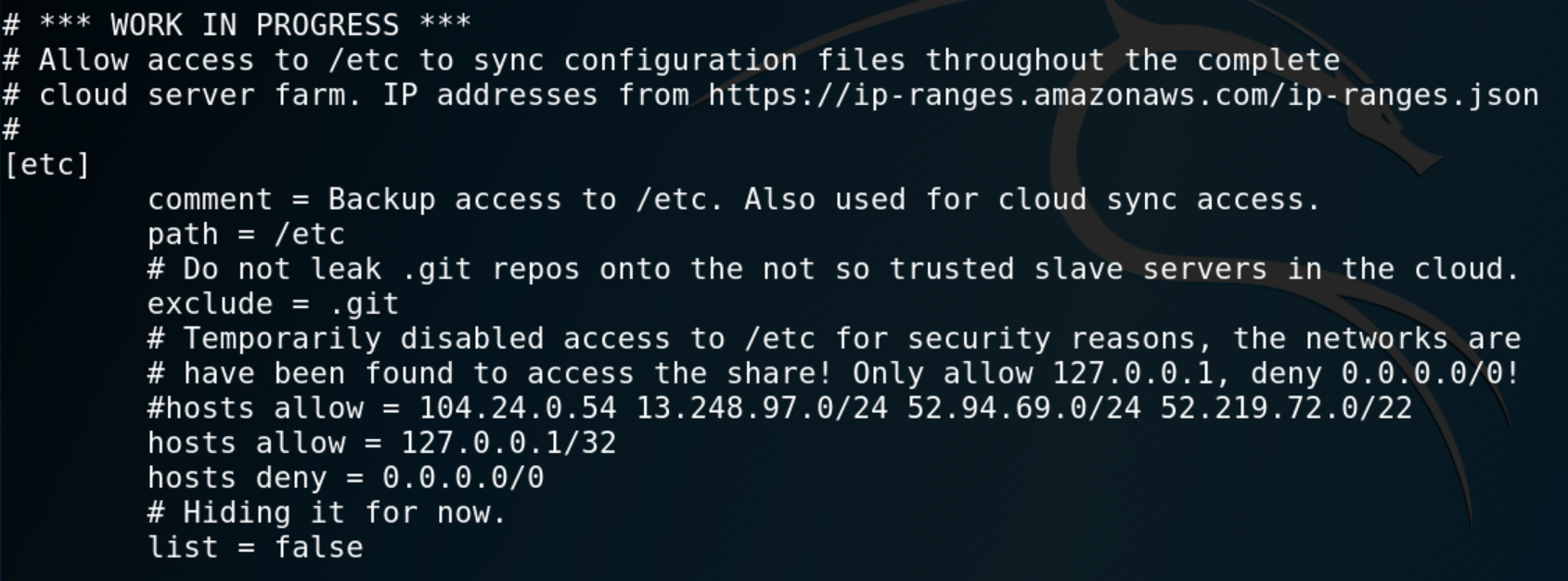rsyncd.conf insecure configuration makes /etc readable