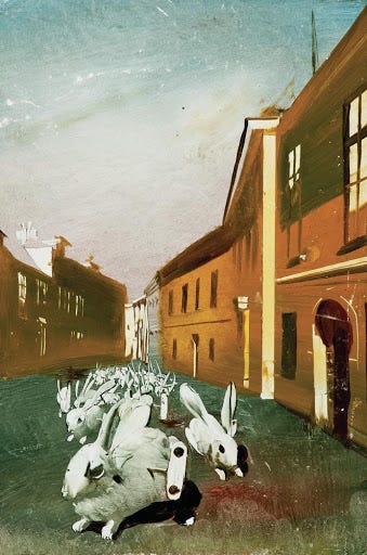 In some odd colorful German expressionist style, a bunch of white rabbits are running toward the viewer in a distorted street