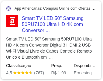 Resultado da SERP mobile, de um produto, com classificação (reviews), preço e disponibilidade sendo exibidos na SERP