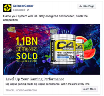 A Facebook ad showing a gaming tournament and the product overlaid.