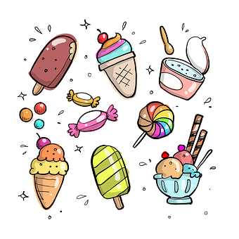 A vector image of ice crems, toffees and lollipop.
