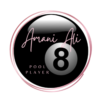 logo: Amani Ali’s typescript signature. It also reads “pool player” on a 8 ball