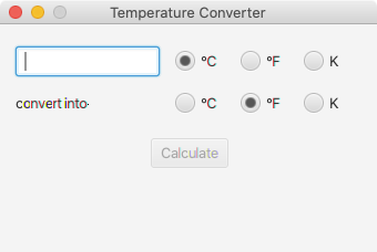 Screenshot of a temperature conversion tool written in JavaFX