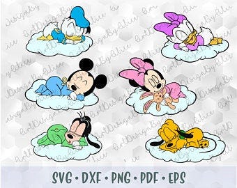 Svg png Baby Mickey Minnie Mouse Pluto Daisy Goofy Donald Sleeping Cloud Layered Cut files Cricut Silhouette Iron on Transfer Disney Babies