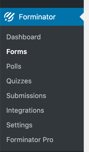 Forminator menu with the forms submenu screenshot