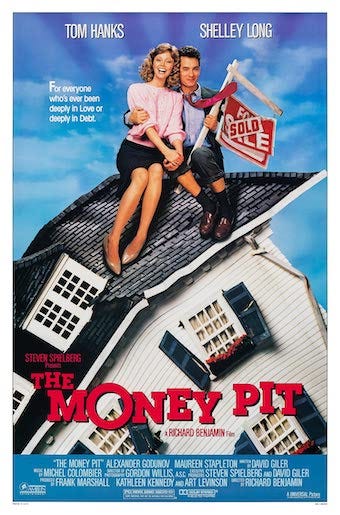 Money Pit (1986) Movie Poster (couple, smiling, sitting on large hose that is crumbling beneath them)