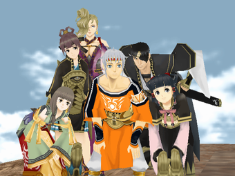 Game Still: The main core cast of the early game all together, looking in the same direction