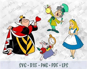 Svg png Alice in Wonderland Red Queen Mad Hatter White Rabbit Layered Cut files Cricut Design Black Silhouette Iron on Sublimation Transfer